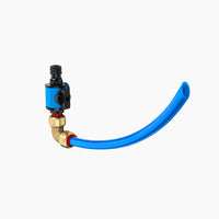 The Bird Beak Filler, a blue flexible tube for caravan filling, connects to a brass elbow with a black and blue water control valve, shown against a plain white background.