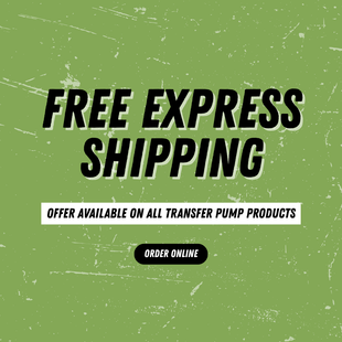 Green graphic with bold text: “FREE EXPRESS SHIPPING.” Below, smaller text says, “Offer available on all Seaflo 01-Series Marine Macerator Pump products.” A black button at the bottom reads, “Order Online.”.