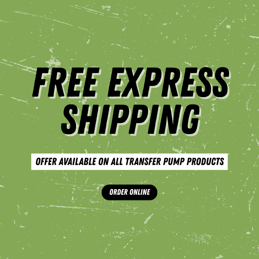 Green graphic with bold text: “FREE EXPRESS SHIPPING.” Below, smaller text says, “Offer available on all Seaflo 01-Series Marine Macerator Pump products.” A black button at the bottom reads, “Order Online.”.
