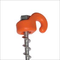 Close-up of a Ground Dog™ Screw In Peg with Hook Collar, featuring a stainless steel hex head, an orange curved plastic hook attachment, and an aggressive thread design inspired by Ground Dog technology.