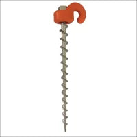 The Ground Dog™ Screw In Pegs with Hook Collars – 10 Pack plus Socket & Free Bag feature a robust, spiral metal shaft and orange hook-shaped handle—perfect for secure anchoring of various items.