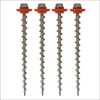 Four long metal screws with hexagonal heads and orange washers from the Anchor Plate Kit for Barrel Awnings – Each are aligned vertically against a white background, featuring spiral threads along their length.