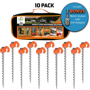 Ground Dog™ Screw In Pegs with Hook Collars – 10 Pack plus Socket & Free Bag