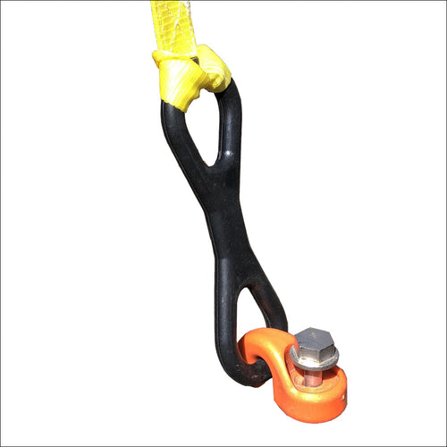 The Ground Dog™ Hook Collar – Each is shown in black metal with a yellow strap threaded through the top and an orange shackle with a silver locking nut at the bottom, all set against a white background.