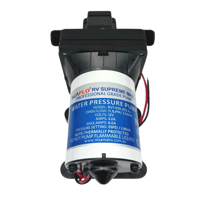 The Seaflo 12V RV Supreme Pump is a quiet, black and white self-priming RV water pump with a blue label showing model RVJ130-035-03 (12V, max 5.0A). It features red and black wires and warns against pumping flammable liquids.