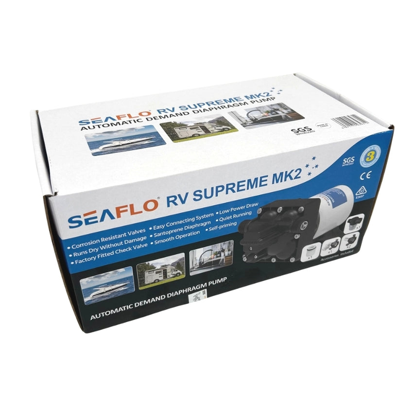 A white and blue Seaflo 12V RV Supreme Pump box shows product images, specs, corrosion-resistant valves, low power draw, and self-priming features—a quiet automatic diaphragm water pump designed for 12V RV systems.