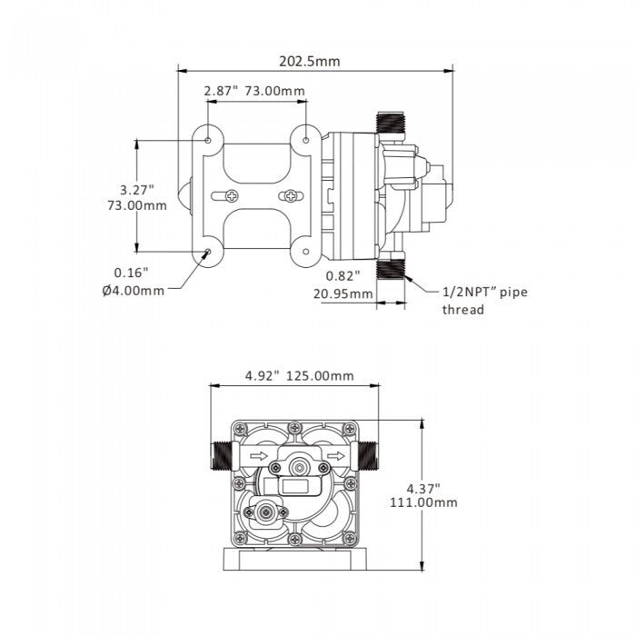 Technical line drawing of the Seaflo 12V RV Supreme Pump with labeled dimensions, overall lengths of 202.5mm and 125mm, various hole diameters and spacings, plus a 1/2 NPT pipe thread connection shown in two views.