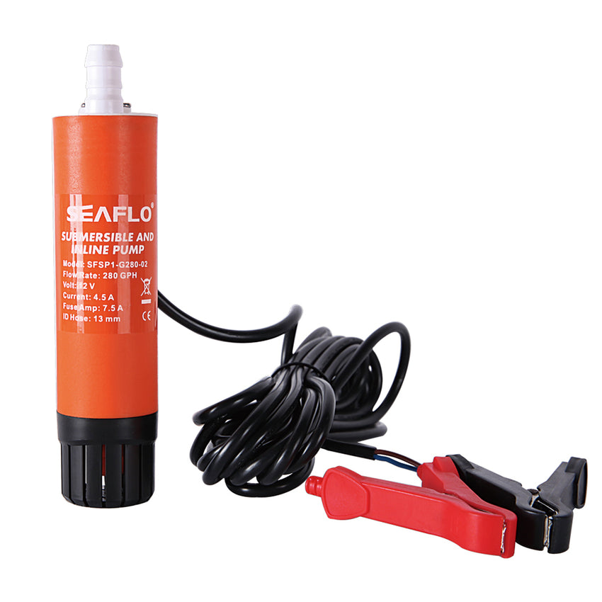 An orange Seaflo 12V Submersible Pump 280GPH features a black cable and red/black battery clamps. This cylindrical booster pump is labeled with specifications for 12V use.