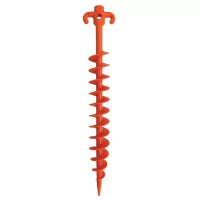 The Sand Dog Screw in Pegs feature a bright orange plastic build with a spiral screw design and top handle, ideal for securing tents or tarps to the ground.