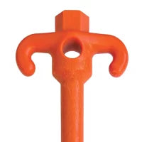 The Sand Dog Screw in Pegs is an orange metal T-shaped tool featuring two curved hooks on each side and a hexagonal top, designed for turning or gripping objects.