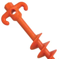 The Sand Dog Screw in Pegs are bright orange plastic ground anchors with a spiraled base for easy soil insertion and two top hook-style handles to secure ropes or lines.