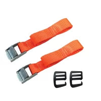 A pair of Tie Down Straps with Retaining Clips featuring orange nylon straps, metal buckles, and two black plastic adjusters, displayed on a white background.