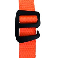A pair of Tie Down Straps with Retaining Clips features a black, stylized metal hook buckle attached to a bright orange woven strap.