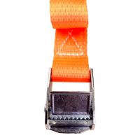 Close-up of Tie Down Straps with Retaining Clips – Pair, showing an orange strap threaded through a metal cam buckle for secure fastening.