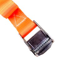 Close-up of Tie Down Straps with Retaining Clips – Pair, featuring an orange strap and metal cam buckle, ideal for securing cargo.