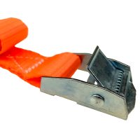 Close-up of a Tie Down Straps with Retaining Clips – Pair, showing the orange strap threaded through a silver metal cam buckle for securing loads.