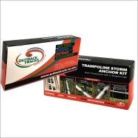Two rectangular boxes of the Trampoline Storm Anchor Kit – Each are shown, displaying product images, branding, and text about securing trampolines with U-shaped hooks.