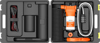 Open the black hard case to reveal the Seaflo Portable Washdown Kit 12V in orange and white, featuring a coiled black hose, power cable with clips, spray nozzle, and accessories—ideal for cleaning boats or outdoor equipment.